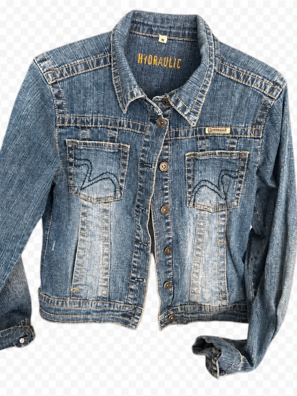 Hydraulic Blue Washed Denim Jacket with Contrast Stitching